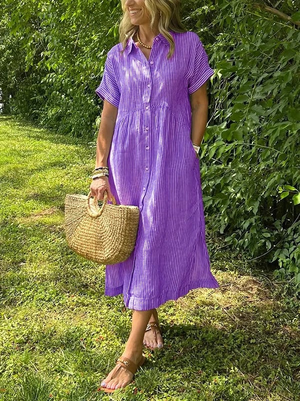 Effortlessly elegant women's striped midi dress, button-front design for comfortable, stylish everyday wear.