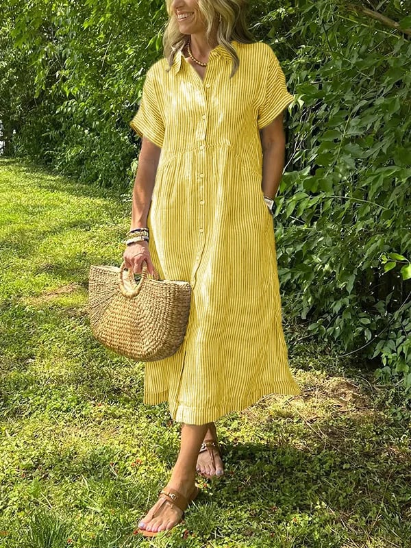 Chic collared striped midi dress for women, featuring a flattering button-front & short sleeves. Stylish apparel.
