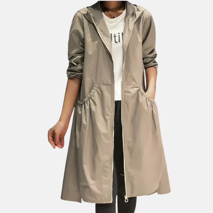 Stylish women's water-resistant hooded rain jacket, knee-length, perfect for spring & autumn protection.