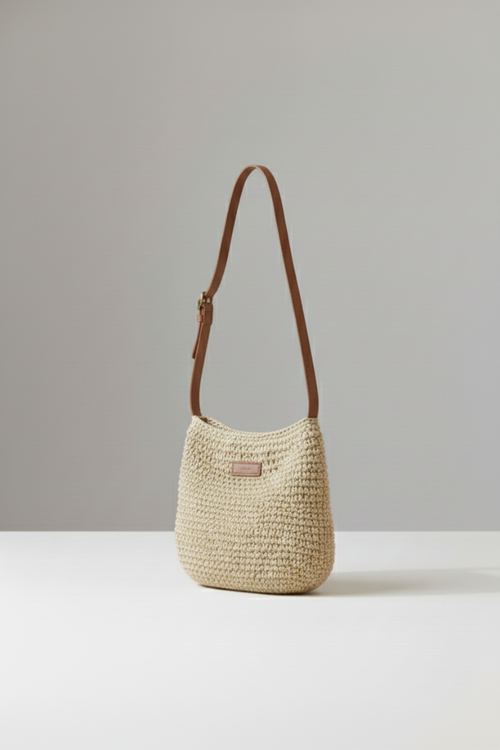 Chic beige woven shoulder bag for women, featuring a long adjustable strap for comfortable crossbody wear.