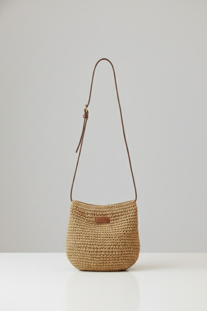 Modern women's woven shoulder bag with a long adjustable strap, a stylish beige/brown accessory for any outfit.