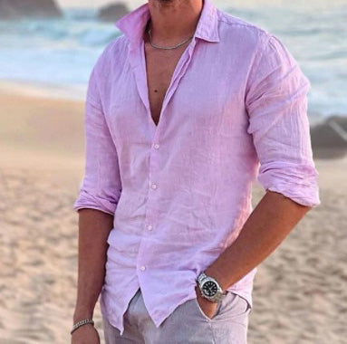 Casual men's oversized button-down shirt, relaxed fit, perfect summer fashion for modern menswear.