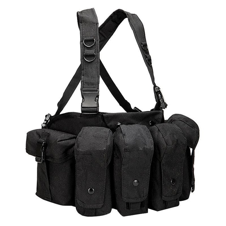 Tactical outdoor chest rig vest with MOLLE webbing, ideal for hunting & adventure gear.