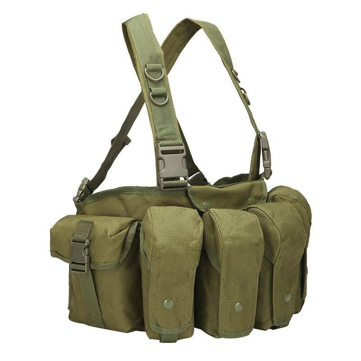 Military-grade tactical chest rig vest for outdoor activities, featuring ample storage & MOLLE.