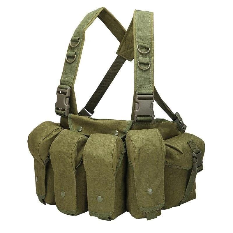 Black tactical outdoor chest rig vest with adjustable straps for secure, comfortable fit.