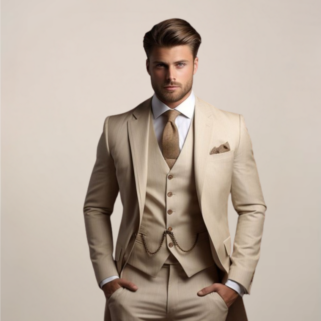 Modern men's slim fit three-piece suit, ideal formal wear for weddings, special events, and stylish occasions.