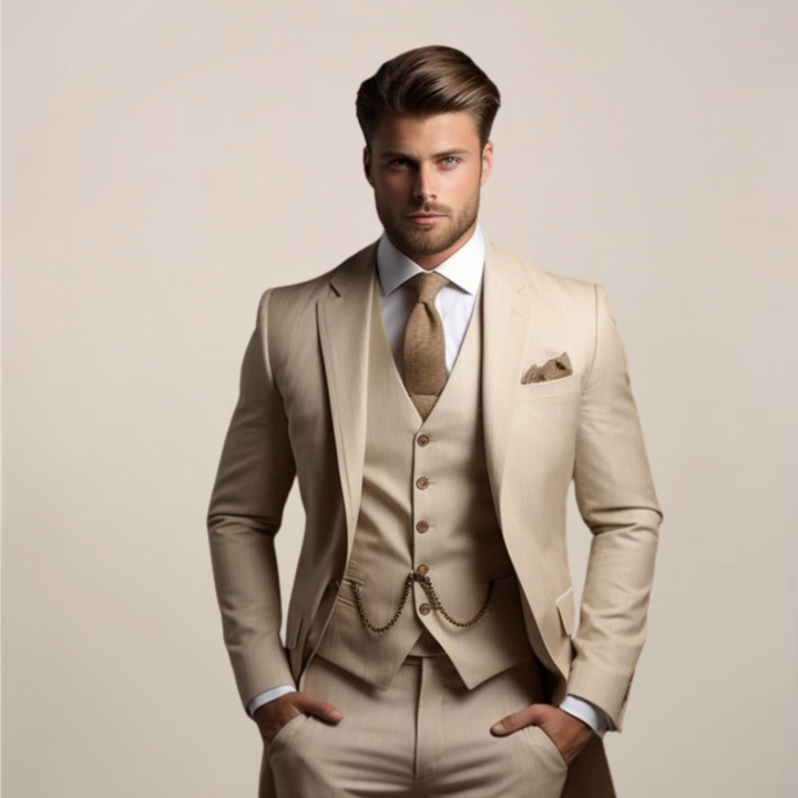 Modern men's slim fit three-piece suit, ideal formal wear for weddings, special events, and stylish occasions.