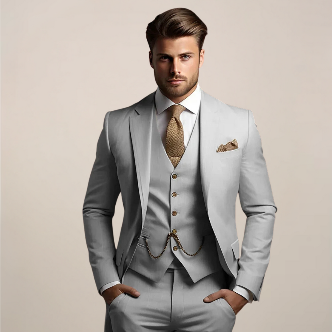 Elegant three-piece slim fit suit for men, perfect wedding attire & a sharp tuxedo alternative for events.