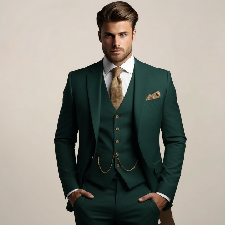 Dapper men's slim fit three-piece suit, tailored for weddings, events, and other formal fashion occasions.