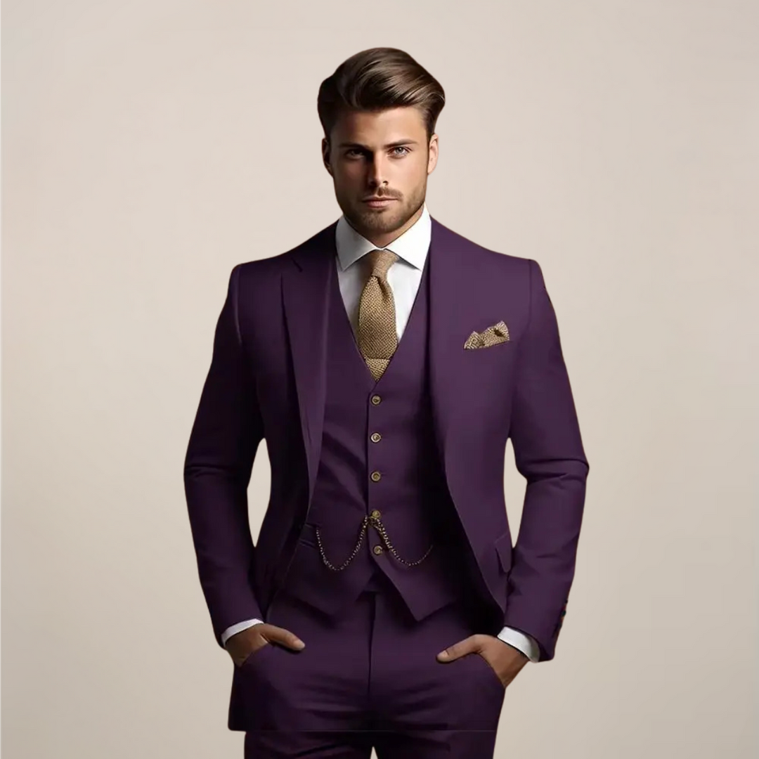 Stylish men's three-piece slim fit suit, suitable formal wear for wedding ceremonies & special event attire.