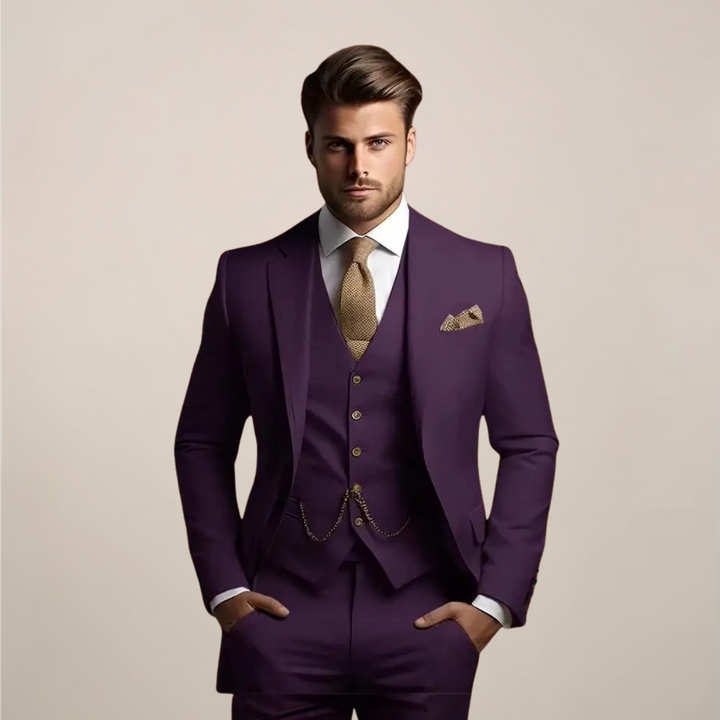 Stylish men's three-piece slim fit suit, suitable formal wear for wedding ceremonies & special event attire.