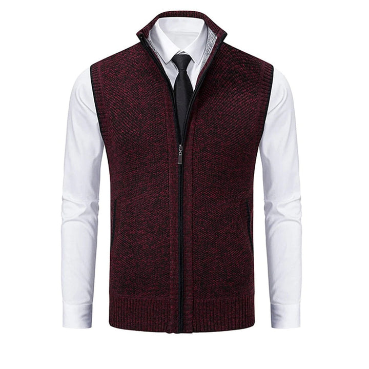 Model wearing a tailored men's vest. Elegant suit vest, perfect for smart-casual and formal layering in men's fashion.