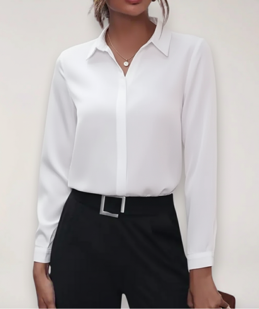 Tailored women's button-up blouse, perfect for office wear & business casual. Elegant long sleeve shirt.