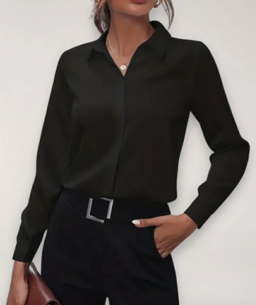 Elegant women's work blouse, long sleeve button-up. Smart tailored top suitable for office & professional settings.