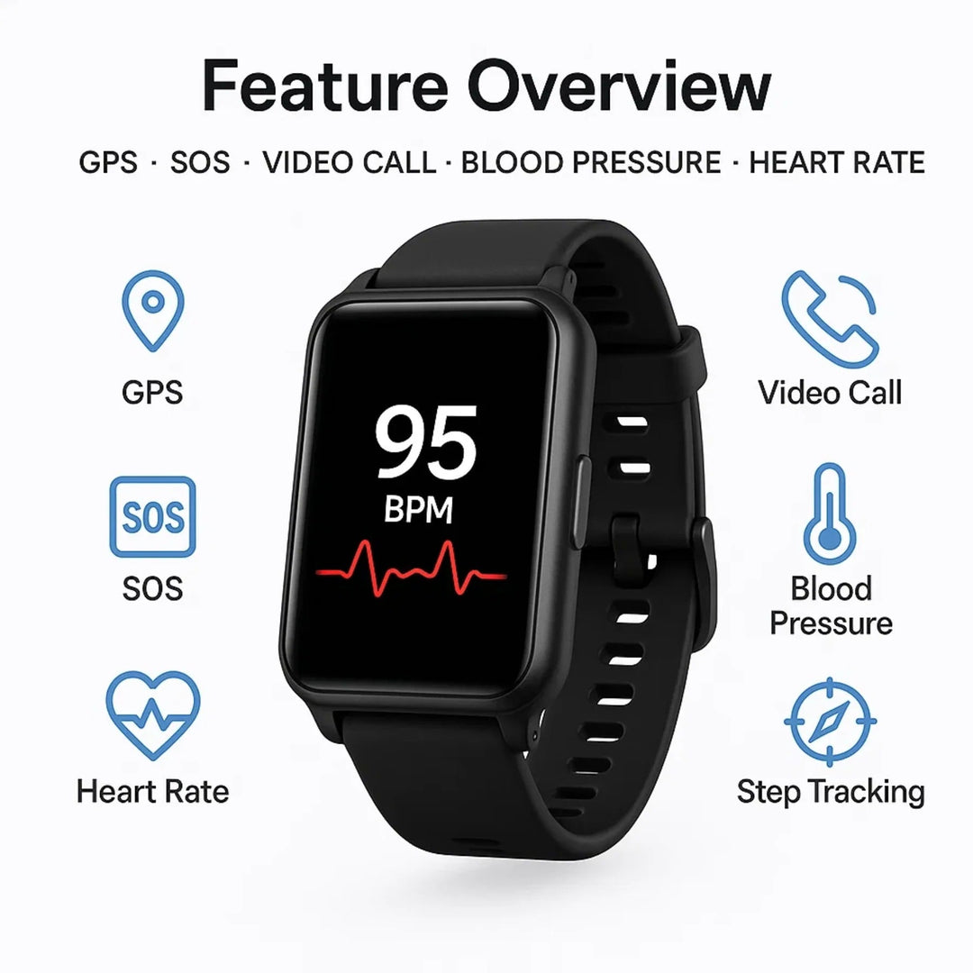 Elderly person wearing TavvitaImp009 senior smartwatch for independent living, safety & activity tracking.
