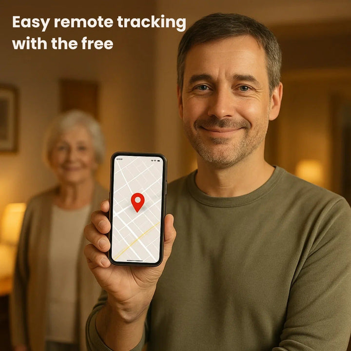 Senior smartwatch TavvitaImp009 detecting a fall, sending an automatic emergency alert with GPS location.