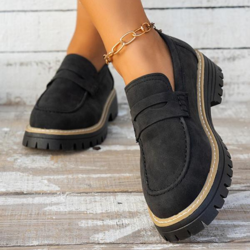 Black Women's Chunky Platform Loafers, trendy slip-on shoes offering elevated style & comfort.