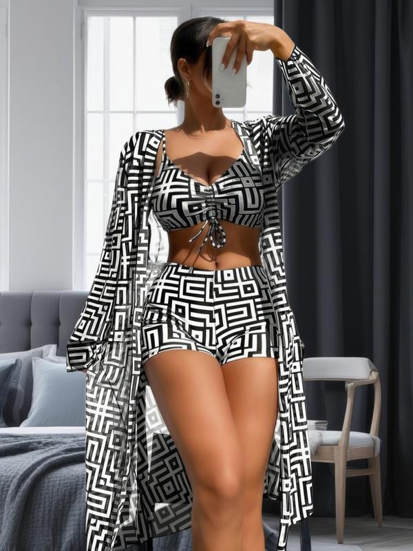 Women's fashionable 3-piece beachwear: bikini top, high-waisted shorts, and flowy cover-up. Trendy summer.
