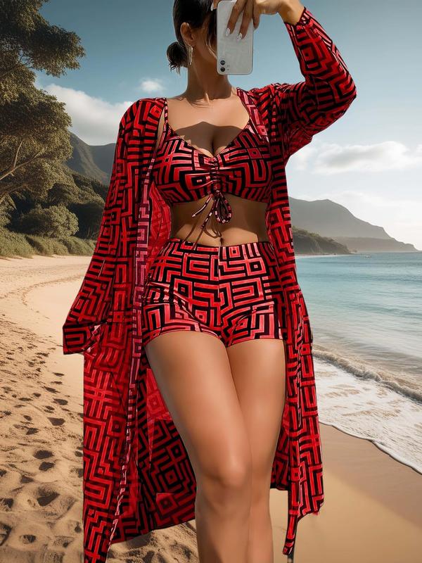Essential summer beachwear: trendy women's 3-piece swimsuit set including bikini, shorts, and light cover-up.