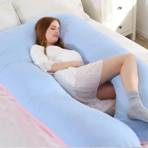 Supportive U-shaped pregnancy pillow for expectant mothers, offering customizable comfort and full body alignment.