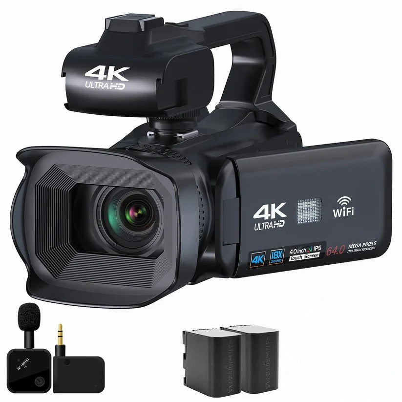 UHD 4K camcorder with 18X zoom, rotating touchscreen, ergonomic grip, and light support, ideal for pro-quality video shots.