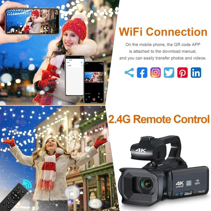 UHD 4K camcorder with 18X zoom, rotating touchscreen, ergonomic grip, and light support, ideal for pro-quality video shots.