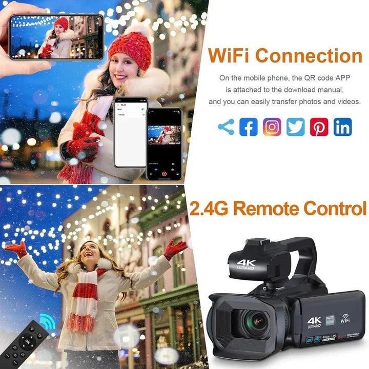 UHD 4K camcorder with 18X zoom, rotating touchscreen, ergonomic grip, and light support, ideal for pro-quality video shots.