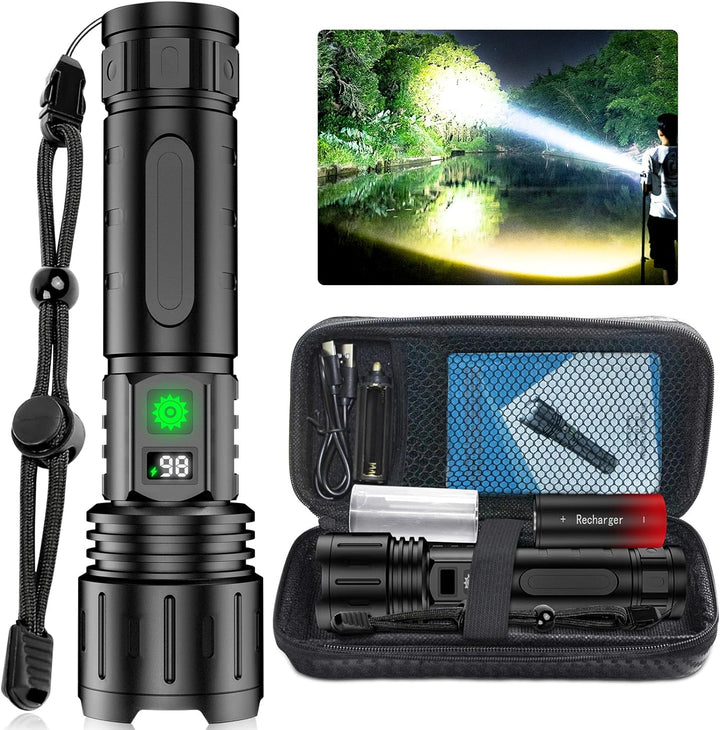 High-power 100,000 lumen tactical LED torch with USB-C charging, multi-mode, for hiking, emergencies & outdoor gear.