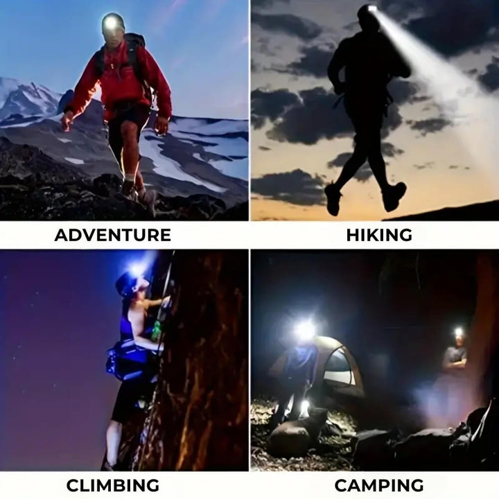 Unisex ultra-bright LED headlamp for night running, exploration & emergencies. Rechargeable, weather-resistant outdoor gear.