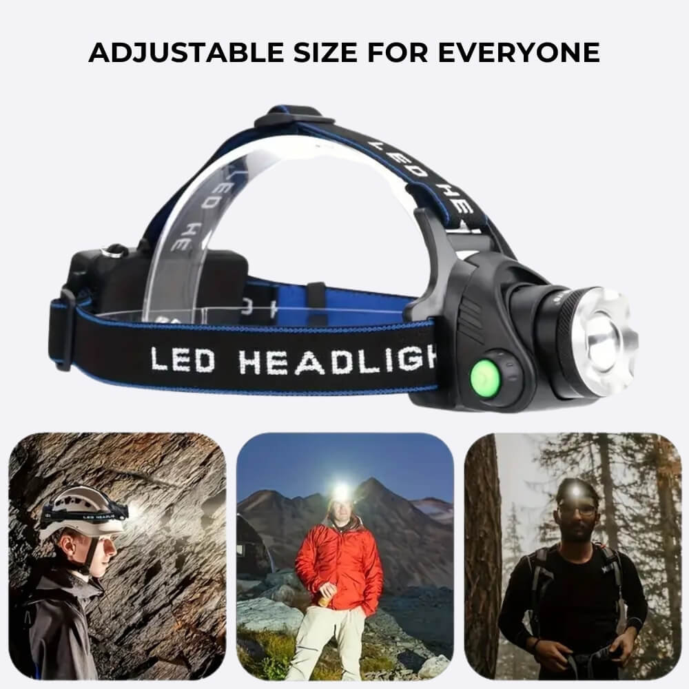 Powerful LED headlamp for dark trail hiking & camping. Ultra-bright light, rechargeable, weather-resistant adventure gear.