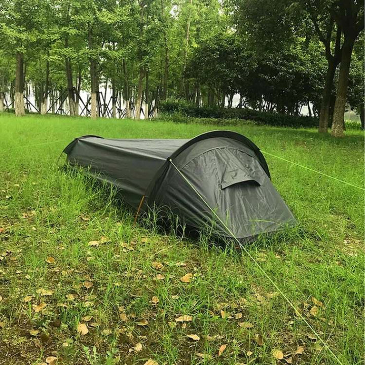 Ultralight solo camping tent for backpacking; portable outdoor shelter, perfect for single person hiking adventures.