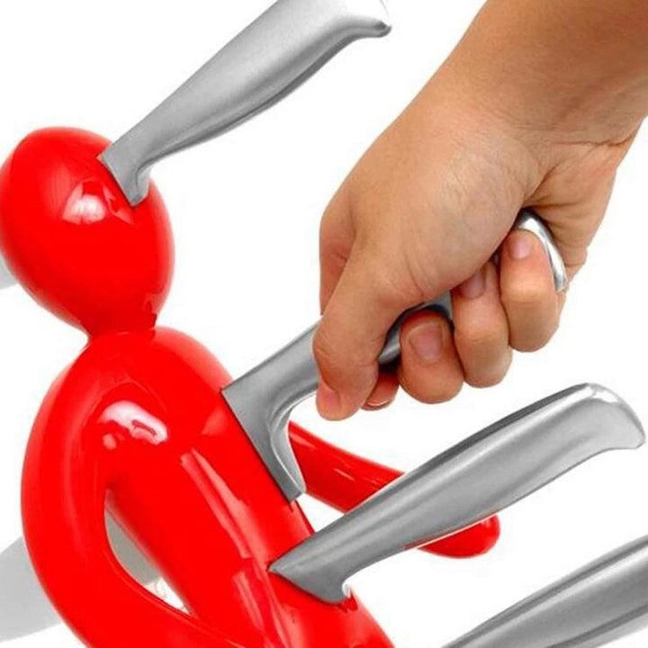 Humanoid knife holder for organized chef tools. Unique kitchen accessory & countertop cutlery stand.