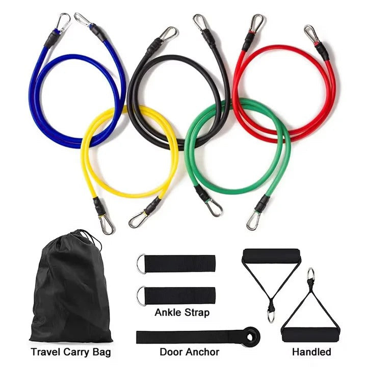 Complete 11-piece resistance band set including handles, ankle straps & door anchor for full body fitness.