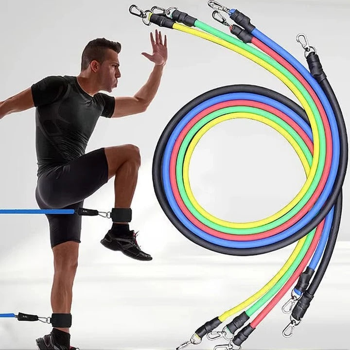 Person using resistance bands for a full body workout. Ideal for strength training and muscle building.