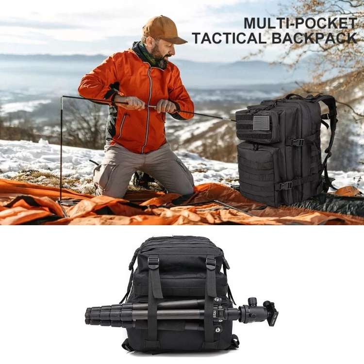 Unisex 50L large capacity survival backpack. Ideal tactical bag for hiking, camping, and emergency kits.