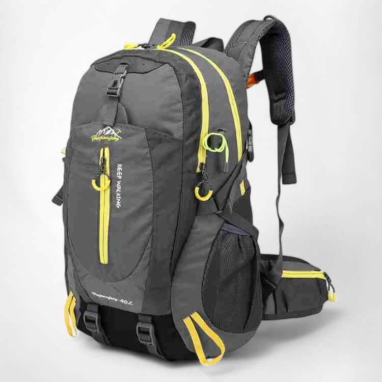 Close-up of a waterproof hiking backpack's durable fabric & secure zippers, essential 40L outdoor gear.