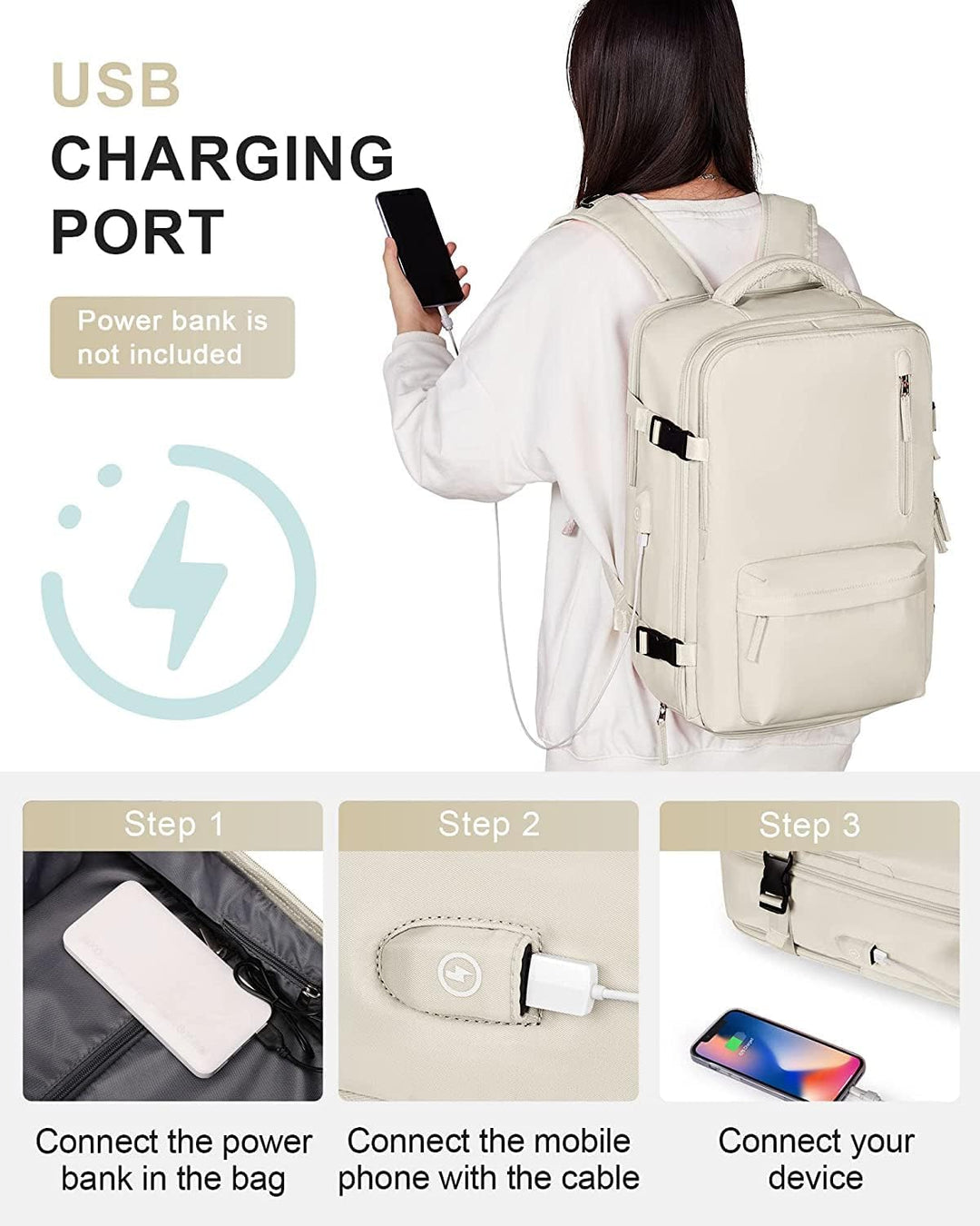 Travel & commuter backpack, 40L waterproof, unisex, with shoe pocket, laptop sleeve, & USB access.