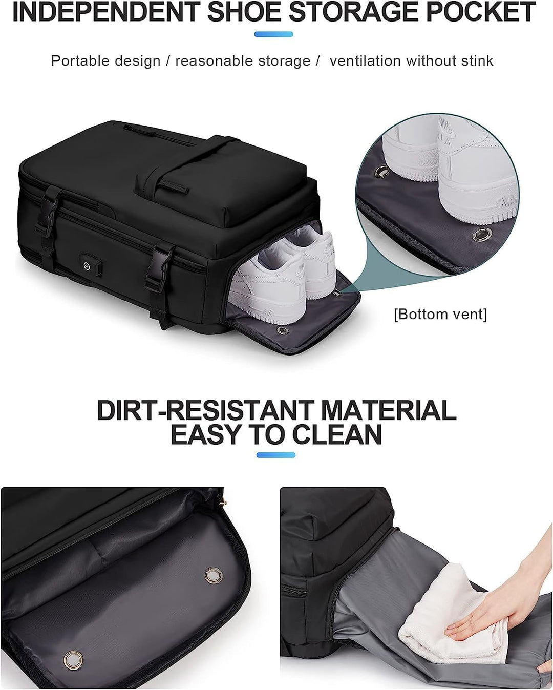 Unisex 40L travel daypack, waterproof, with USB port, shoe compartment, perfect for adventures.