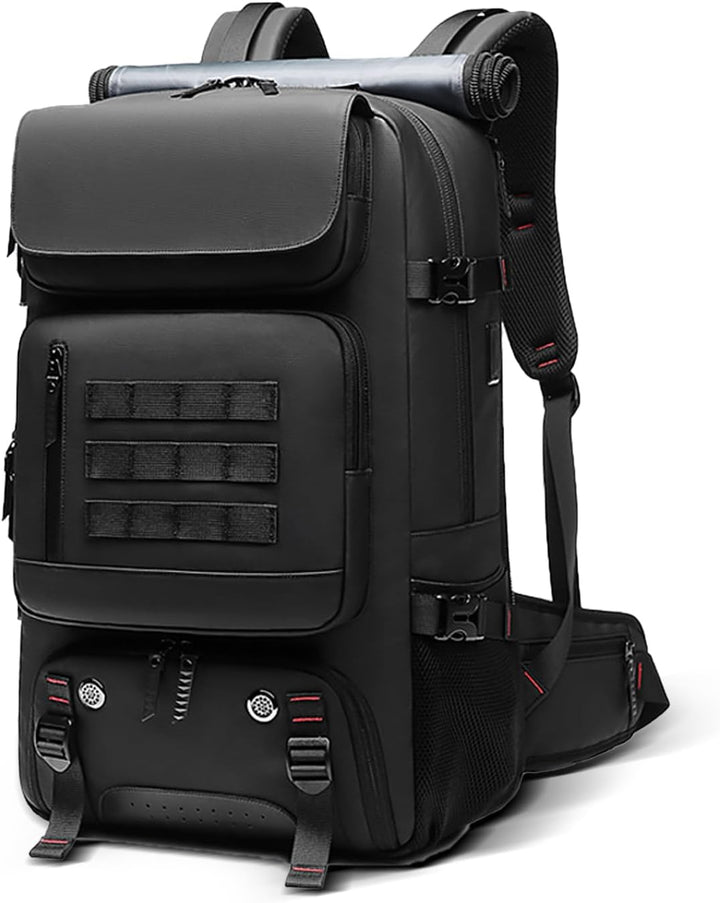 Unisex 50L waterproof travel backpack with USB charging port & dedicated shoe compartment for organized packing.