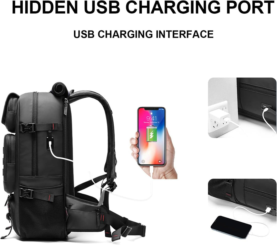 Spacious 50L unisex waterproof travel backpack. Includes integrated USB port & ventilated shoe section.