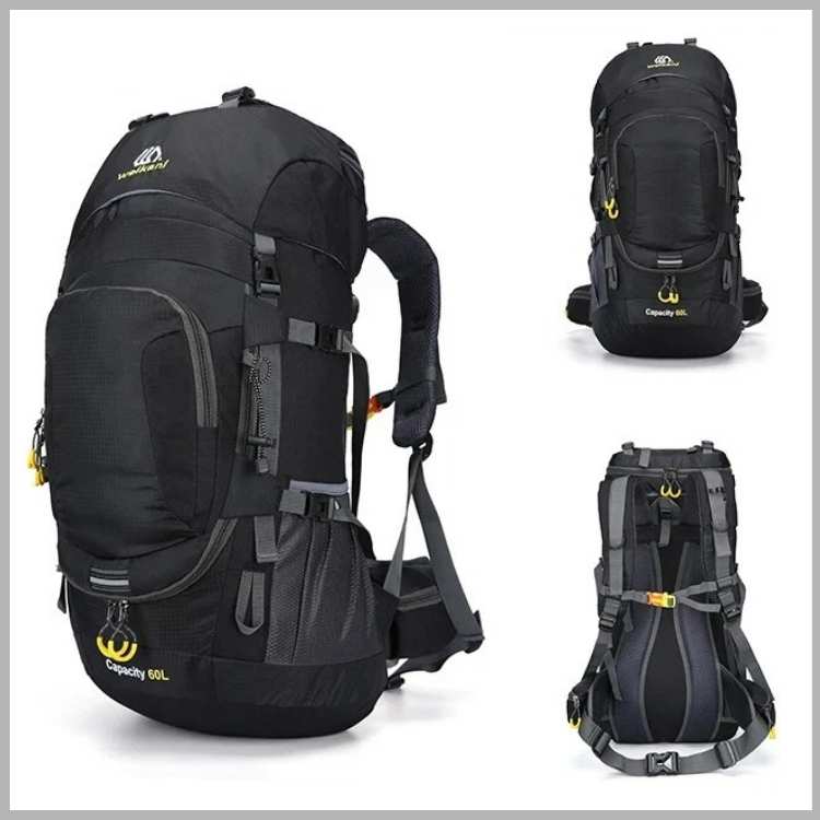 Unisex 60L waterproof adventure backpack, perfect for hiking, camping, & travel. Durable outdoor gear.