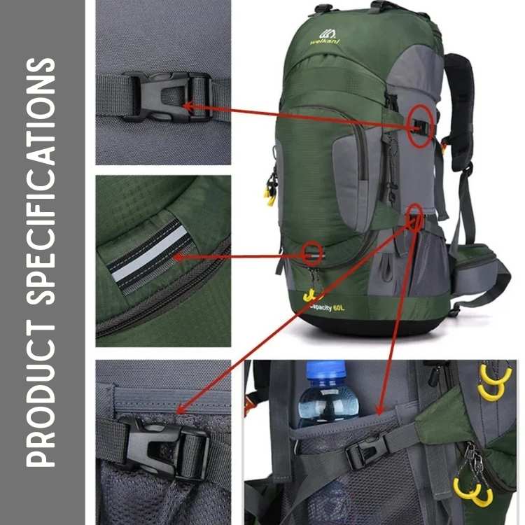 Unisex waterproof 60L adventure backpack for hiking and camping, ready for rugged outdoor exploration.