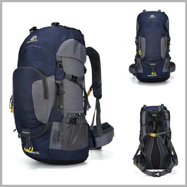 Large capacity 60L waterproof backpack, fully packed for a multi-day hiking or camping trip, durable outdoor gear.