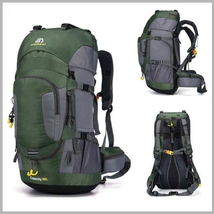 Empty 60L waterproof adventure backpack showcasing spacious main compartment & side pockets for organized travel.