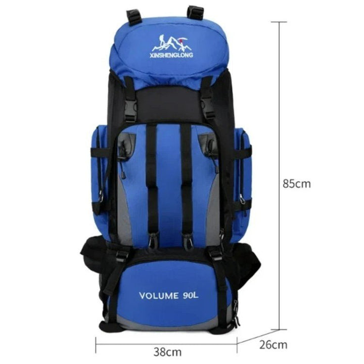 Heavy-duty 90L waterproof hiking backpack, essential outdoor gear for any adventure, rain or shine.