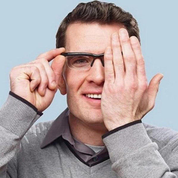 "Unisex adjustable sight glasses with scratch resistance, dual-lens tech, and elegant frame; innovative eyewear solution."