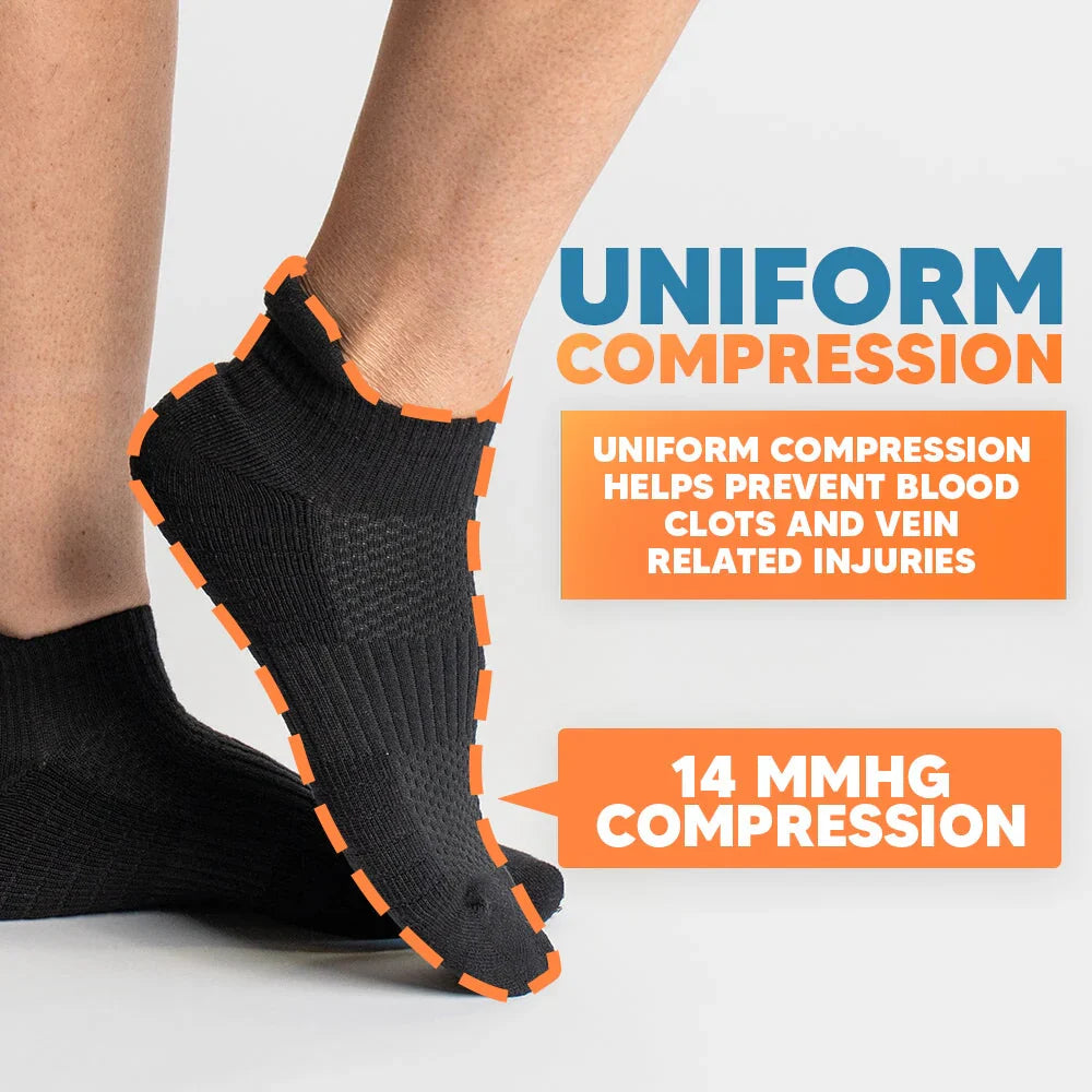 Model wearing unisex ankle compression socks, demonstrating comfortable fit and ankle support