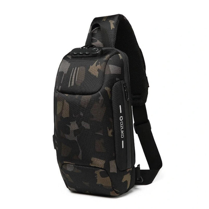 Functional unisex anti-theft sling bag. Features secure compartments, external USB port for charging devices on the go.
