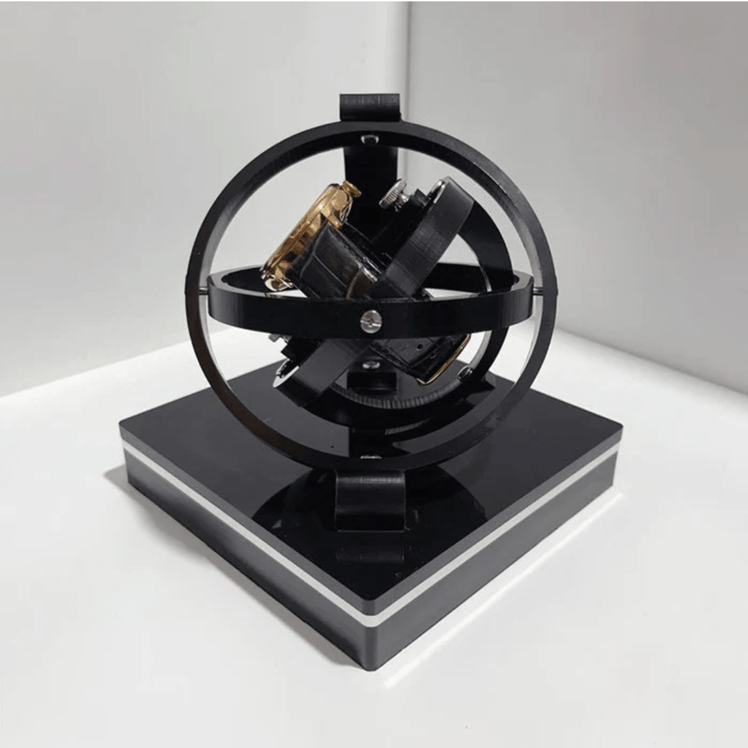 Sleek unisex automatic watch winder, designed for quiet operation and luxury watch accessory storage.