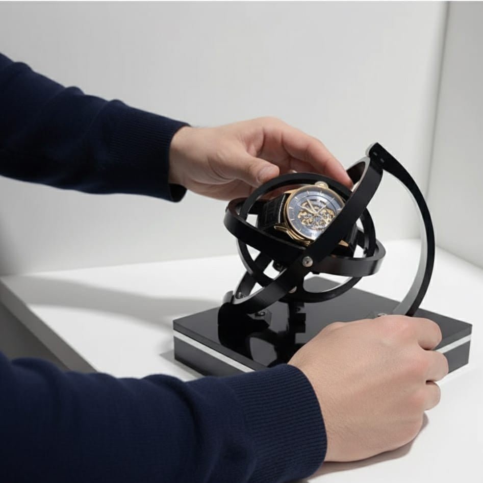 Interior view of quiet automatic watch winder, showcasing soft cushion and precision mechanism for luxury watches.
